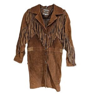 vintage western boho tan suede fringe long jacket duster